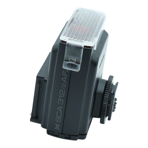 Metz SCA 312/2 AF hotshoe-adapter voor Canon analoge camera's met EF-vatting, zwarte adapter met doorzichtige kap