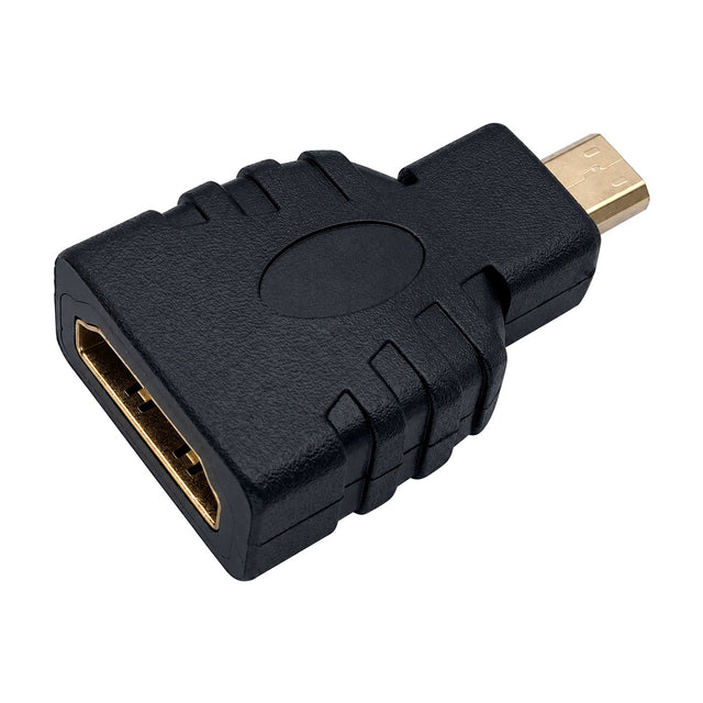 Zwarte Micro HDMI naar HDMI adapter met HDMI-ingang en vergulde Micro HDMI-stekker, schuin van voren