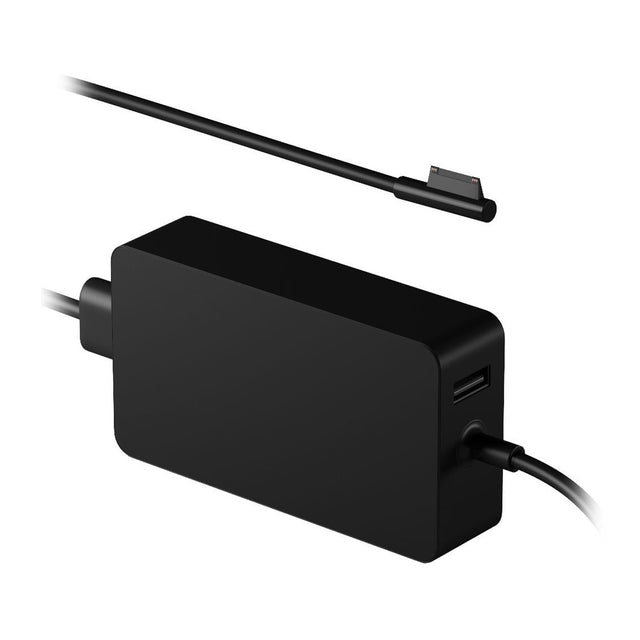 Microsoft Surface 65W Power Supply model 1706, zwart voedingsblok met USB-laadpoort en Surface Connect-kabel