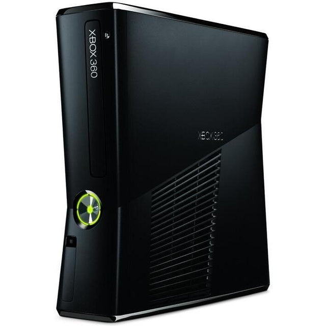 Xbox 360 S Slim console, zwart, staand schuin vooraanzicht