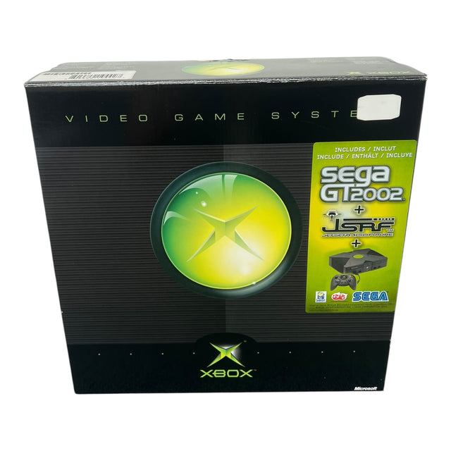 Microsoft Xbox Classic console, zwart, doos voorkant met opdruk Sega GT 2002 en JSRF, tweedehands