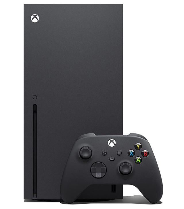 Microsoft Xbox Series X console, zwart, staand met controller ervoor, tweedehands
