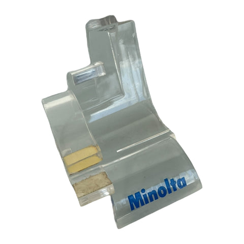 Minolta vintage transparante winkeldisplay voor camera, plexiglas met blauw Minolta-logo, tweedehands