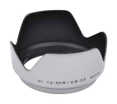Minolta zonnekap voor GT 7.2-50.8 mm f/2.8-3.5, DiMAGE 5, 7 en 7i, zilver, opschrift GT 7.2-50.8, tweedehands