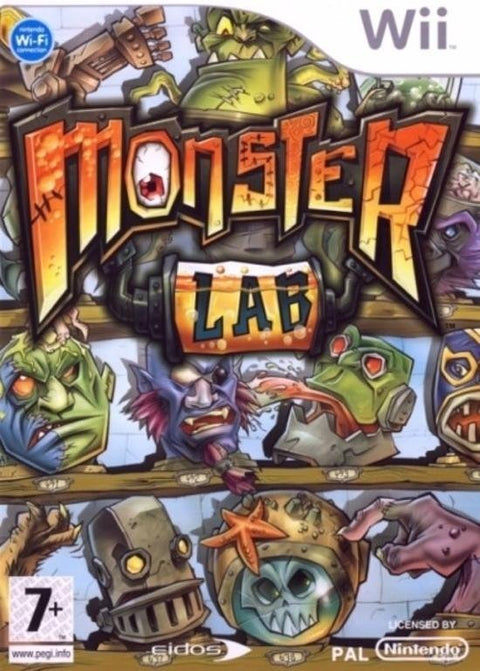Nintendo Wii Monster Lab van Eidos, doos voorkant met monsterkoppen op planken, tweedehands