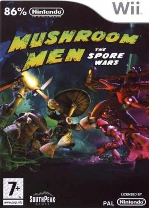 Nintendo Wii Mushroom Men The Spore Wars van SouthPeak, doos voorkant met paddenstoelstrijders, tweedehands