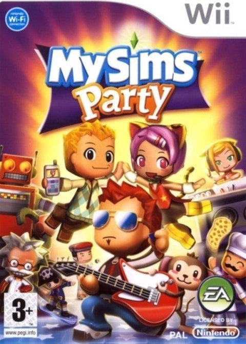 Nintendo Wii MySims Party van EA, partyspel, doos voorkant met Sims en gitaar, tweedehands