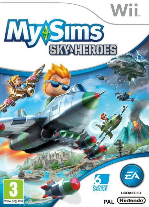 Nintendo Wii MySims SkyHeroes van EA, doos voorkant met vliegtuigen en Franse tekst, tweedehands