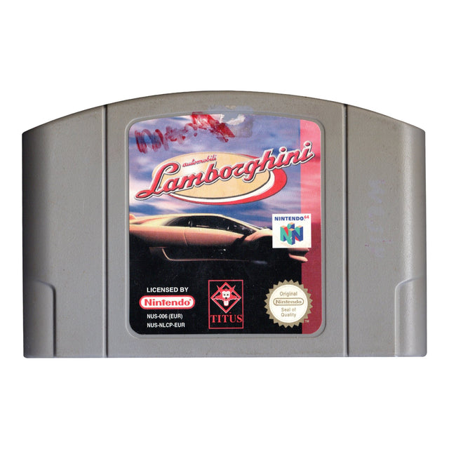 Nintendo 64 Automobili Lamborghini, losse cassette met handgeschreven rode tekst op het label, tweedehands
