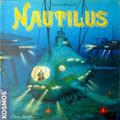 Kosmos Nautilus bordspel, doos voorkant met verlichte onderzeeër in blauwgroen water
