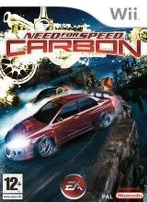 Nintendo Wii Need for Speed Carbon van EA, doos voorkant met rode auto in de bocht, tweedehands