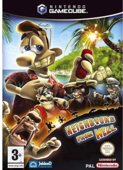 Nintendo GameCube Neighbours from Hell, doos voorkant met Woody en de buurman op een tropisch eiland, tweedehands