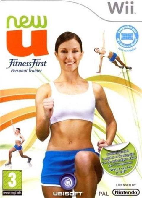 Nintendo Wii New U Fitness First Personal Trainer van Ubisoft, doos voorkant met sporter en Nederlandse tekst, tweedehands