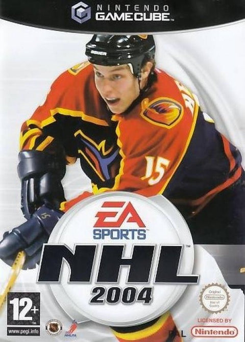 Nintendo GameCube NHL 2004, doos voorkant met een ijshockeyspeler in rood shirt, tweedehands