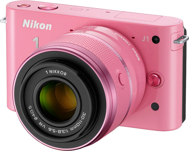 Nikon 1 J1 systeemcamera met 1 Nikkor 30-110mm lens, roze, schuin van voren, tweedehands