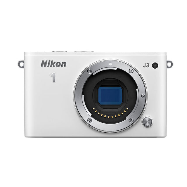 Nikon 1 J3 systeemcamera body, wit, voorkant zonder lens, tweedehands