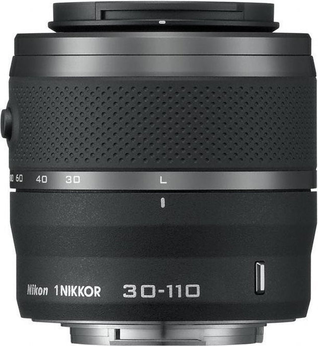 Nikon 1 Nikkor 30-110mm f/3.8-5.6 VR lens, zwart, zijkant met zoomring, tweedehands