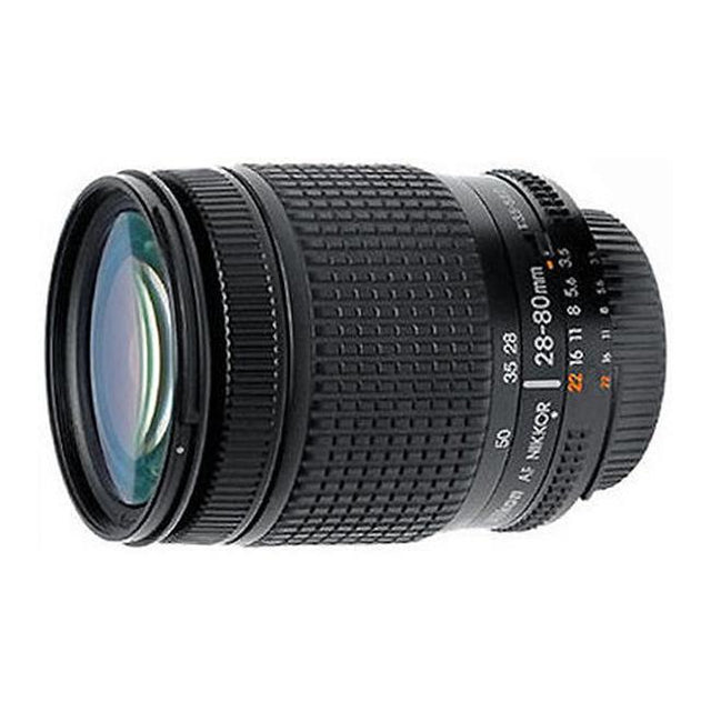 Nikon AF Nikkor 28-80mm f/3.5-5.6D lens, zijkant met zoomring en diafragmaring, tweedehands