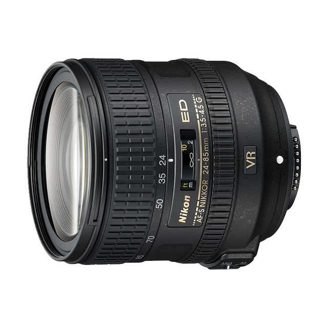Nikon AF-S Nikkor 24-85mm f/3.5-4.5G ED VR zoomlens, zijkant met VR-logo