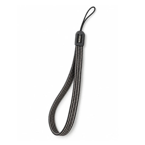 Nikon Camera Wrist Strap polsband gevlochten koord, zwart-grijs, hele band met Nikon-schuifje en koordlus, tweedehands