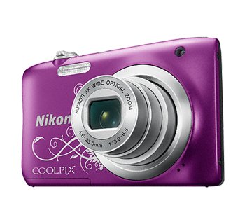 Nikon Coolpix A100 digitale compactcamera, paars met lineart-opdruk, schuin vooraanzicht met 5x zoomlens