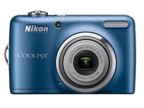 Nikon Coolpix L23 compactcamera, blauw, voorkant met Nikkor 5x groothoekzoomlens, tweedehands