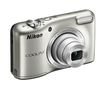 Nikon Coolpix L29 digitale compactcamera, zilver, schuin vooraanzicht met 5x zoomlens