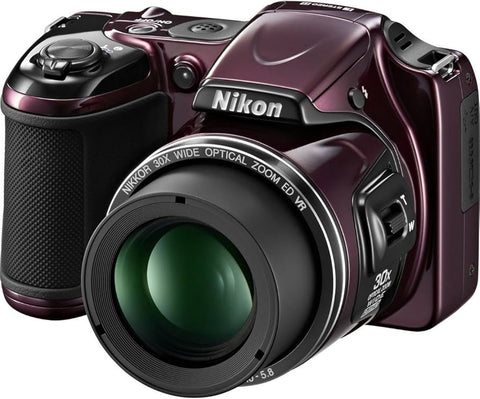 Nikon Coolpix L820 digitale bridgecamera, paars, pruimkleurige uitvoering, voorkant schuin met 30x zoomlens, tweedehands