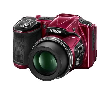Nikon Coolpix L830 digitale camera, rood met zwarte greep, voorkant schuin met 34x Nikkor-zoomlens, tweedehands