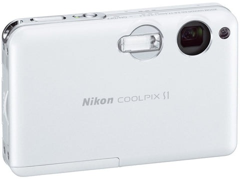 Nikon Coolpix S1 digitale compactcamera, wit, voorkant met open lensschuif, tweedehands