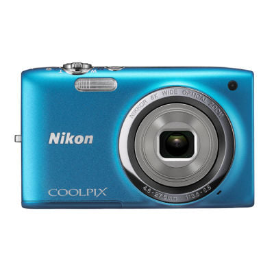 Nikon Coolpix S2700 compactcamera, blauw, voorkant met 6x zoomlens