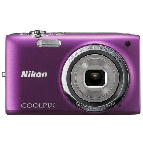 Nikon Coolpix S2700 compactcamera, paars, voorkant met 6x Nikkor-zoomlens