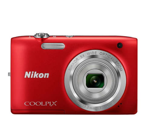 Nikon Coolpix S2800 digitale compactcamera, rood, voorkant met 5x zoomlens