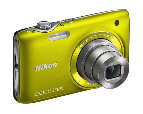 Nikon Coolpix S3100 digitale compactcamera, geel, voorkant schuin met 5x zoomlens