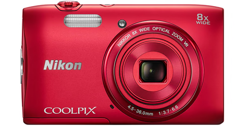 Nikon Coolpix S3600 compactcamera, rood, voorkant met 8x Nikkor-zoomlens