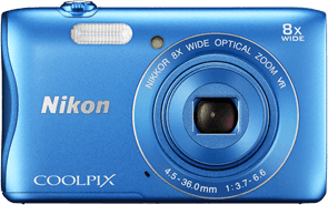 Nikon Coolpix S3700 compactcamera, blauw, voorkant met 8x Nikkor-groothoekzoomlens, tweedehands