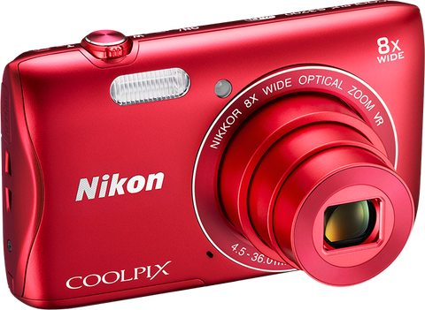 Nikon Coolpix S3700 digitale compactcamera, rood, schuin van voren met uitgeschoven 8x-zoomlens