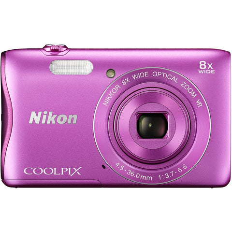 Nikon Coolpix S3700 digitale compactcamera, roze, voorkant met 8x Nikkor-groothoekzoomlens, tweedehands