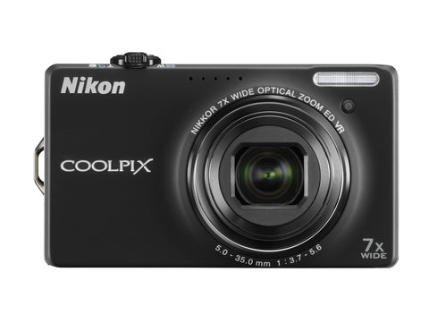 Nikon Coolpix S6000 digitale compactcamera, zwart, voorkant met 7x Nikkor-groothoekzoomlens, tweedehands