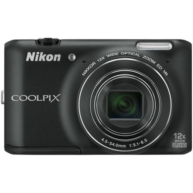 Nikon Coolpix S6400 compactcamera, zwart, voorkant met 12x Nikkor-zoomlens en Full HD-opschrift