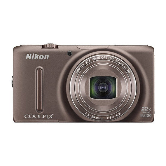 Nikon Coolpix S9500 digitale compactcamera, bruin, voorkant met 22x zoomlens