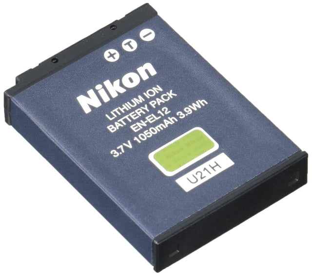 Nikon EN-EL12 accu 3,7V 1050mAh, donkerblauw, schuin van voren met opdruk, tweedehands