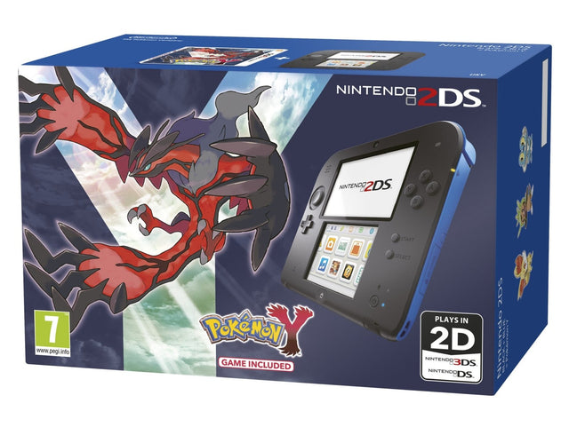 Nintendo 2DS console, blauw-zwart, Pokemon Y bundel, doos voorkant, tweedehands