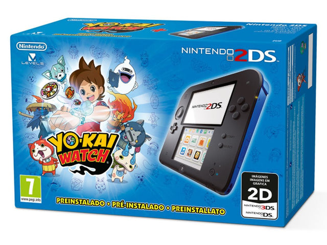 Nintendo 2DS console, blauw-zwart, Yo-Kai Watch bundel, doos voorkant