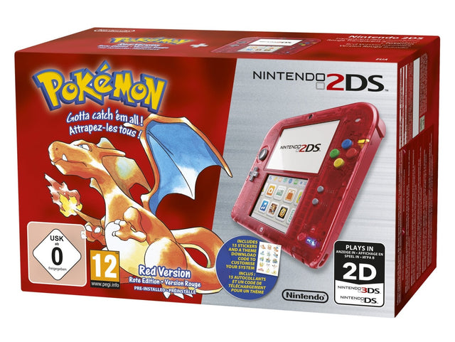 Nintendo 2DS console, Pokemon Red Edition, transparant rood, doos voorkant, tweedehands