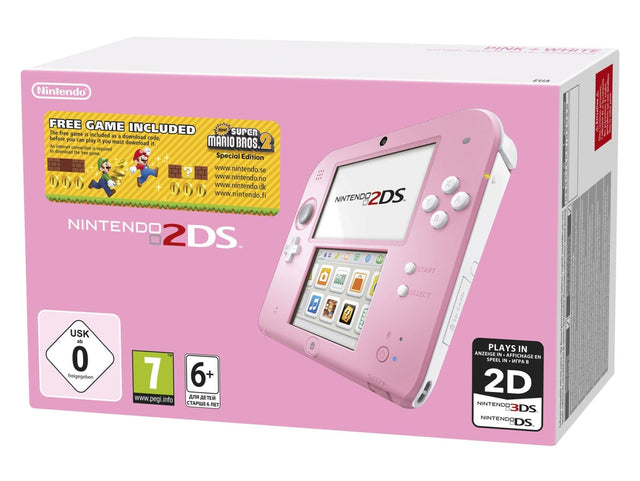 Nintendo 2DS console, roze-wit, New Super Mario Bros 2 bundel, doos voorkant, tweedehands