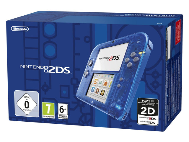 Nintendo 2DS console, transparant blauw, doos voorkant, tweedehands