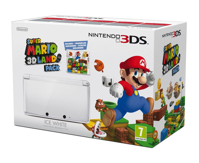 Nintendo 3DS console, wit Ice White, Super Mario 3D Land bundel, doos voorkant, tweedehands