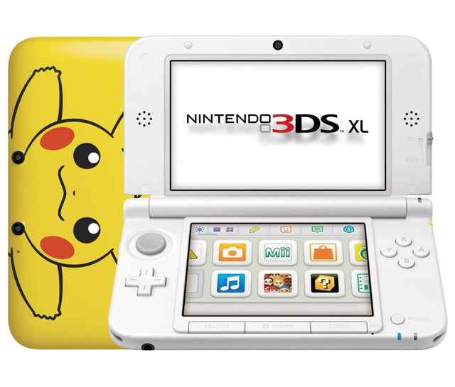 Nintendo 3DS XL console, Pikachu Edition, geel met Pikachu-gezicht, opengeklapt, tweedehands