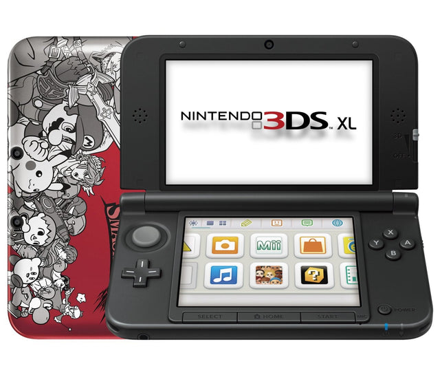 Nintendo 3DS XL console, Super Smash Bros Edition, wit-rood met personages, opengeklapt
